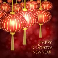 Chinese new year vector illustration with traditional lanterns on dark red bokeh background. Easy to edit design template for your projects. Can be used as greeting cards, invitations etc.