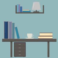 escritorio con libros y taza de café. lugar de trabajo del estudiante. concepto de educación plantilla de diseño vectorial para sus obras de arte, sitios web, redes sociales, etc. vector