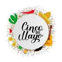 Cinco De Mayo lettering on paper plate with traditional mexican symbolsEasy to edit template vector