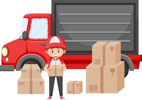 Delivery man holding boxes on white background vector