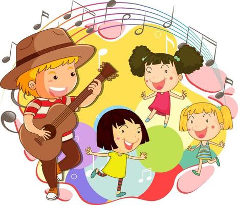 Happy children with music melody symbols
