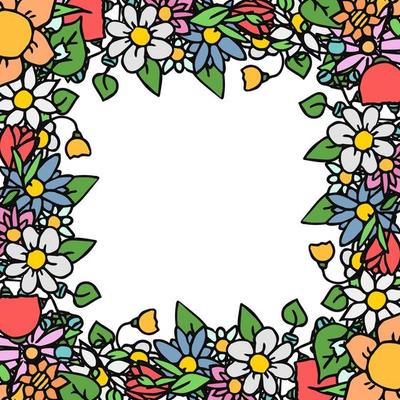 Colored vector flowers icons with place for text. Doodle vector frame with flowers icons