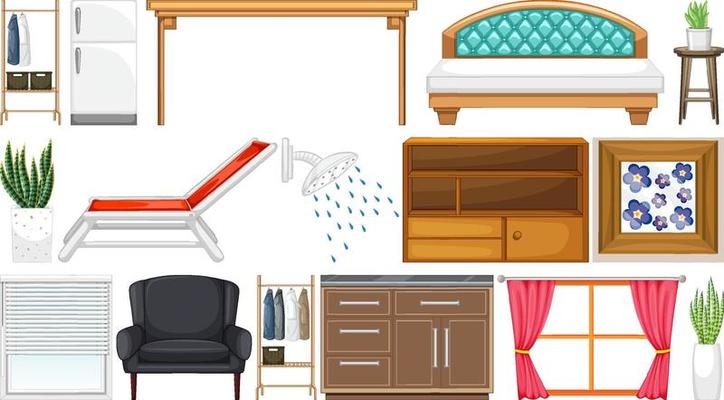 Furniture and household appliances on white background