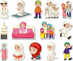 Sticker set of Islamic religious symbols and cartoon characters vector