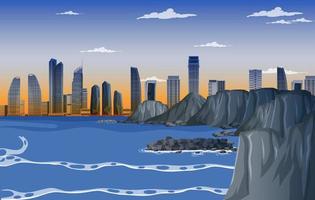 Beach city at dawn background vector