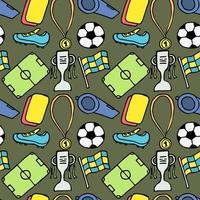 patrón de fútbol sin costuras. doodle ilustración de fútbol con una pelota de fútbol, copa de campeonato, zapatos, campo de fútbol. vector