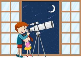 los niños observan el cielo nocturno con telescopio vector