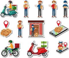 Sticker set of delivery objects and cartoon characters vector