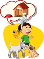 Speech bubble with boy and many pets vector