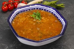 Caucasian Kharcho soup with beef meat photo