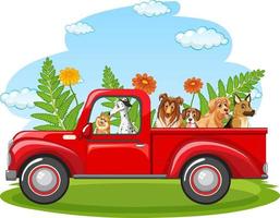 Many dogs riding on red truck in the park vector