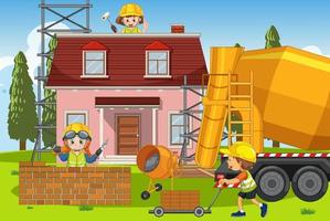 sitio de construcción de casas con dibujos animados de trabajadores vector