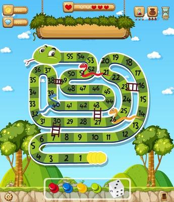 A snake ladder game template in forest background