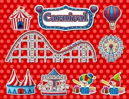 Sticker set of amusement park objects and cartoon characters vector