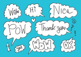 Hand drawn set of speech bubbles with handwritten short phrases  wow,nice,hello,pow,thank you,ok,hi on blue background.