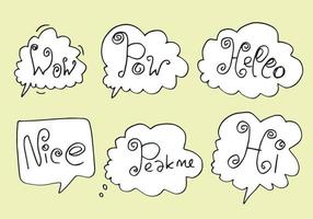 Hand drawn set of speech bubbles with handwritten short phrases  wow,nice,hello,pow,peak me,hi on yellow background. vector