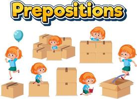 Prepostion wordcard design with girl and boxes vector