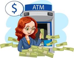 Business woman withdraw money from atm machine vector
