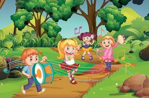 escena con niños tocando instrumentos en el parque vector
