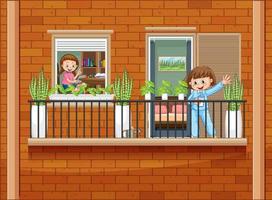 Apartment windows with neighbors cartoon character vector