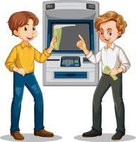 Two men withdraw money from atm machine vector