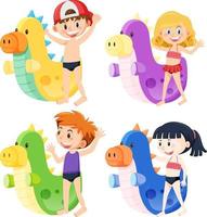 Happy boy and girl in swimwear next to inflatable dinosaur vector