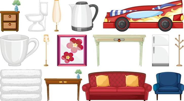 Furniture and household appliances on white background