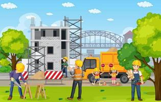 Building construction site with workers vector