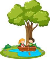 Boy and girl paddle the boat on white background vector