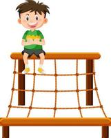 Boy sitting on climbing rope wall net playground vector