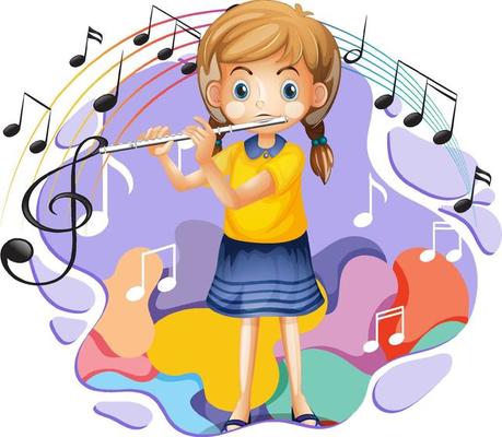 A girl playing flute and music melody symbols