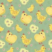 Seamless pattern with chicks and sunflowers vector