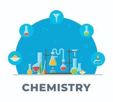 química e instrumentos químicos. ilustración vectorial de fórmulas. estilo quimico mezcla en matraces y tubos de ensayo.