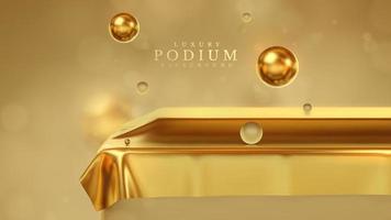 Luxury background with product shelf covered with gold cloth and ball element with blur effect and glitter light decoration and bokeh. vector