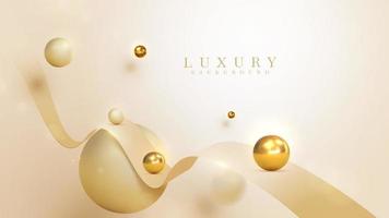 Luxury background with gold ribbon element and 3d ball decoration with blur effect and glitter light with bokeh. vector
