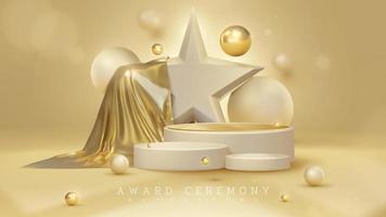 Product display podium with 3d star and golden cloth with ball element and blur effect with glitter light decoration and bokeh. vector