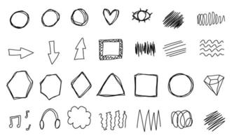 Doodle line arrows, text, diamond, eye, frames. Sketch set cute isolated line collection for office. vector