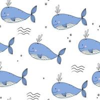 Cute doodle baby whale text white seamless pattern minimalist hand drawn. Summer texture, sea textile, children wallpaper.