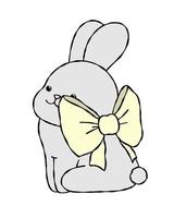 Vector cute gray rabbit with yellow bow. Doodle on an isolated background. Print bunny, banner, brochure pet.