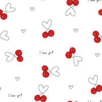 Hand drawn cute doodle cherry seamless pattern with hearts. I love you berry much, white paper line fruit, food. vector