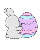 lindo conejo feliz de dibujos animados de Pascua. animal, conejito, mascota con huevo. vector