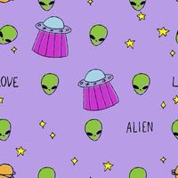Cute pattern with stars, aliens, ufo in space. Violet paper for scrapbooking doodle cosmos. vector
