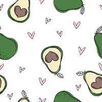 Hand drawn summer seamless pattern with avocado, abstract, hearts, love doodle. Cute vector for paper, fabric, book, kitchen, children.