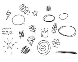Doodle frames line flower, star, diamond, crown. Sketch set cute isolated line collection for office. vector