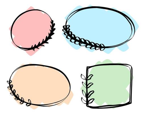Abstract doodle black frames pastel set hand drawn. Cute round lines with leaves, circles collection.