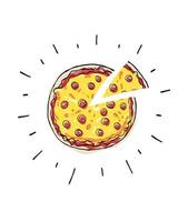 Pizza print for pizzeria with cute doodle postcard, food poster, background. Hand drawn vector illustration.