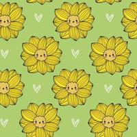 Cute pastel green pattern with doodle sunflowers fabric. Seamless background white hearts. Textiles for kitchen, kids. Minimalism paper scrapbook. vector