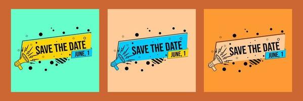 flat design banner with save the date text in memphis style. used for promotional badges vector