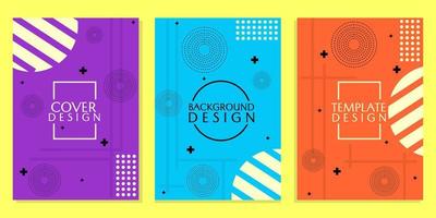 set of cover designs in purple, blue and orange colors, on an abstract geometrical background of lines and circles. used for cover design vector