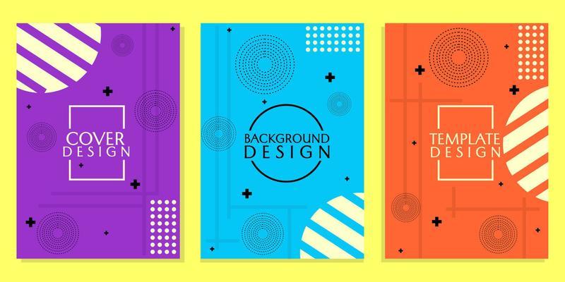 set of cover designs in purple, blue and orange colors, on an abstract geometrical background of lines and circles. used for cover design